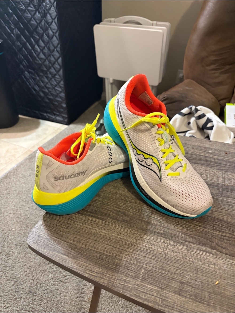 Saucony Men’s White Running Shoes with Neon Yellow, Teal & Orange Accents